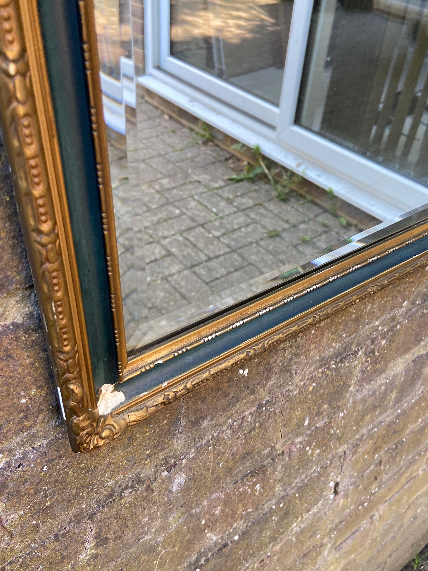 Early 1900s vintage wall mirror - gold gesso and green detailed frame, delightful, excellent quality bevelled glass in wall mirror