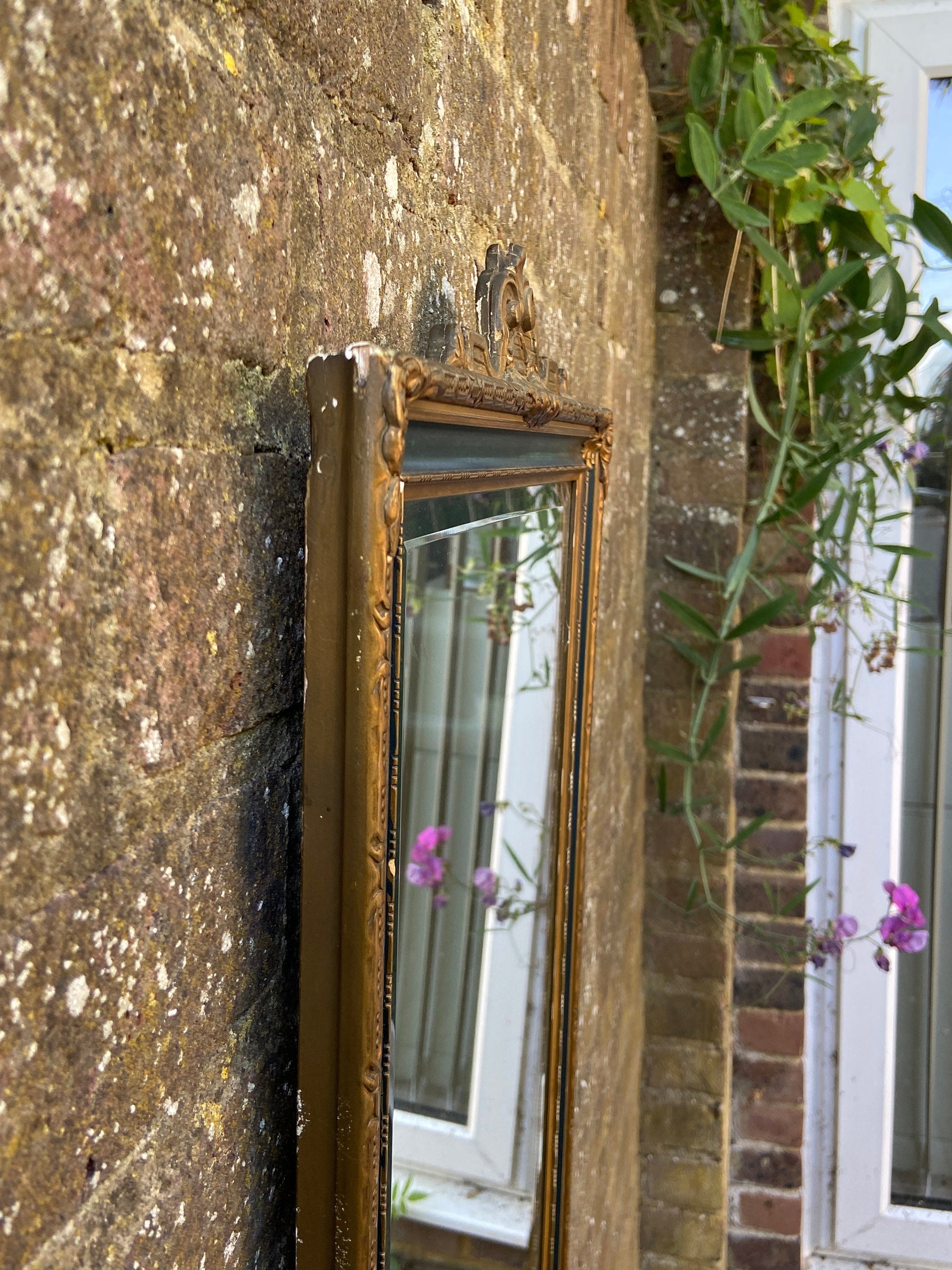Early 1900s vintage wall mirror - gold gesso and green detailed frame, delightful, excellent quality bevelled glass in wall mirror