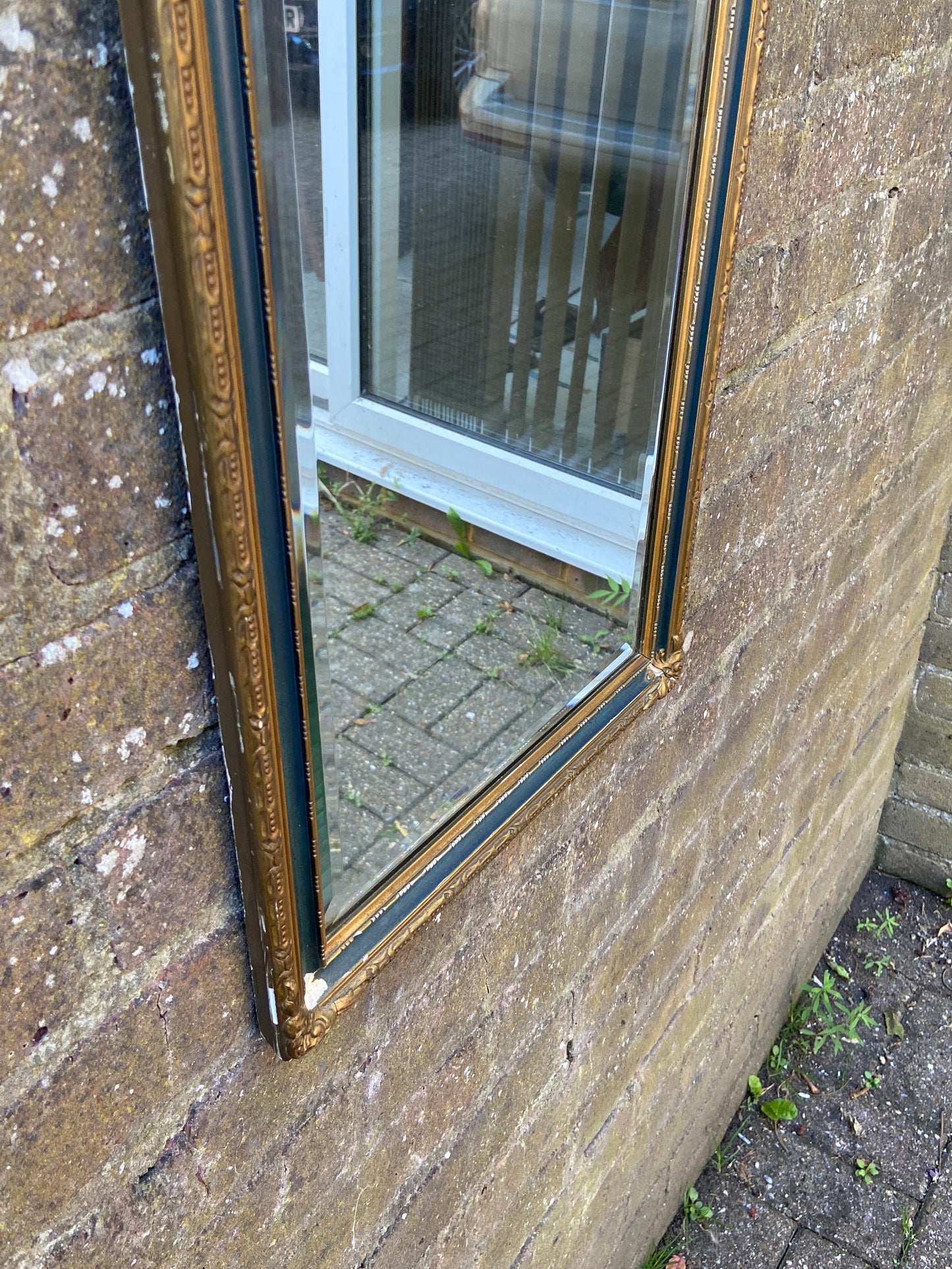 Early 1900s vintage wall mirror - gold gesso and green detailed frame, delightful, excellent quality bevelled glass in wall mirror
