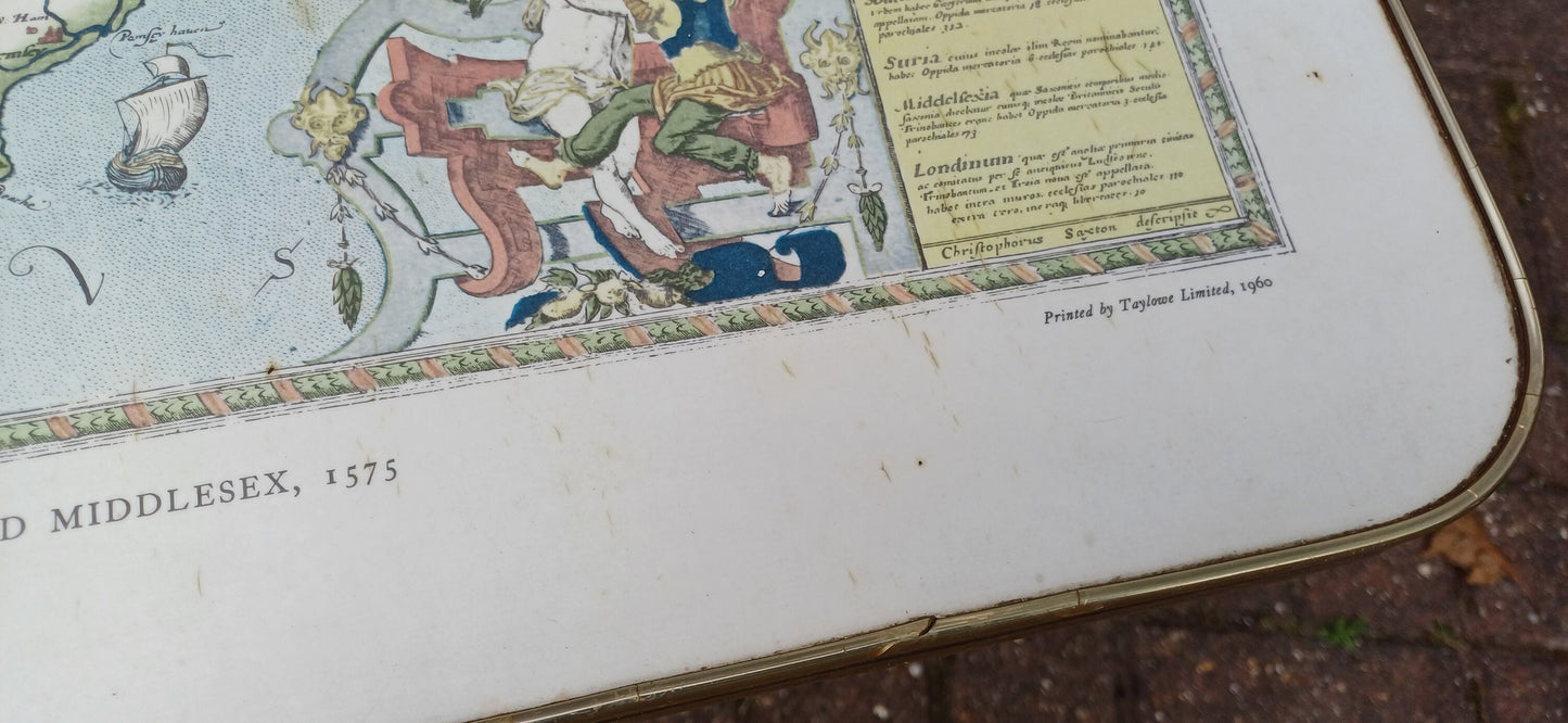 Vintage Retro Caxton Map 60s Coffee Table Saxton’s Map of Kent, Sussex, Surrey and Middlesex, 1575.