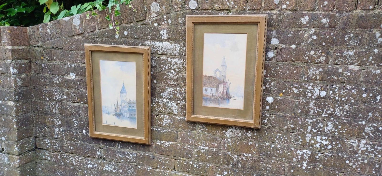 Victorian vintage original watercolour paintings of Venice. Townscape paintings. Framed in magnificent gilt wooden painted glazed frames. Pair of frames