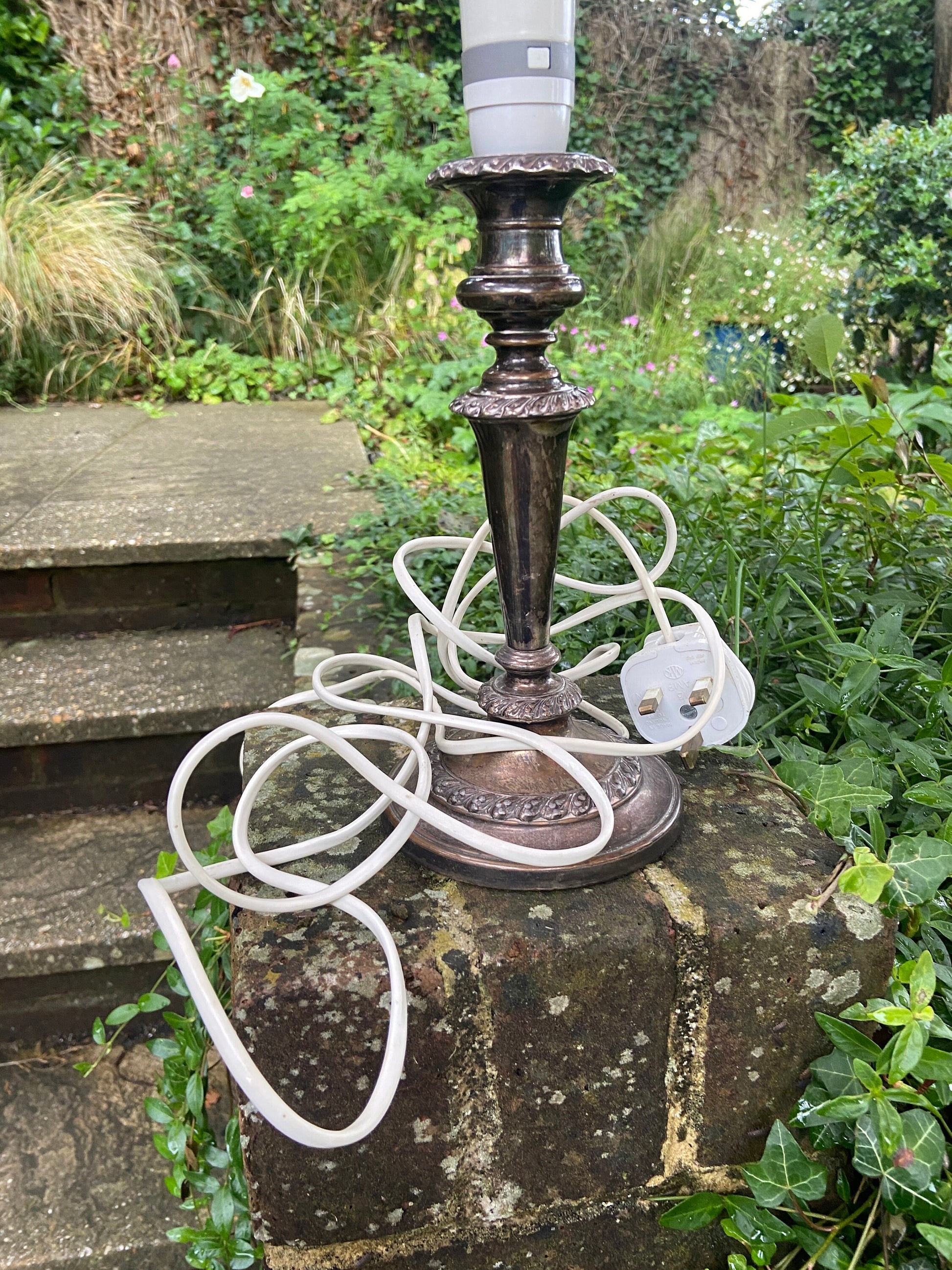 Vintage silver plate table lamp - silver and ornate. Working condition. Candelstick Holder Style.