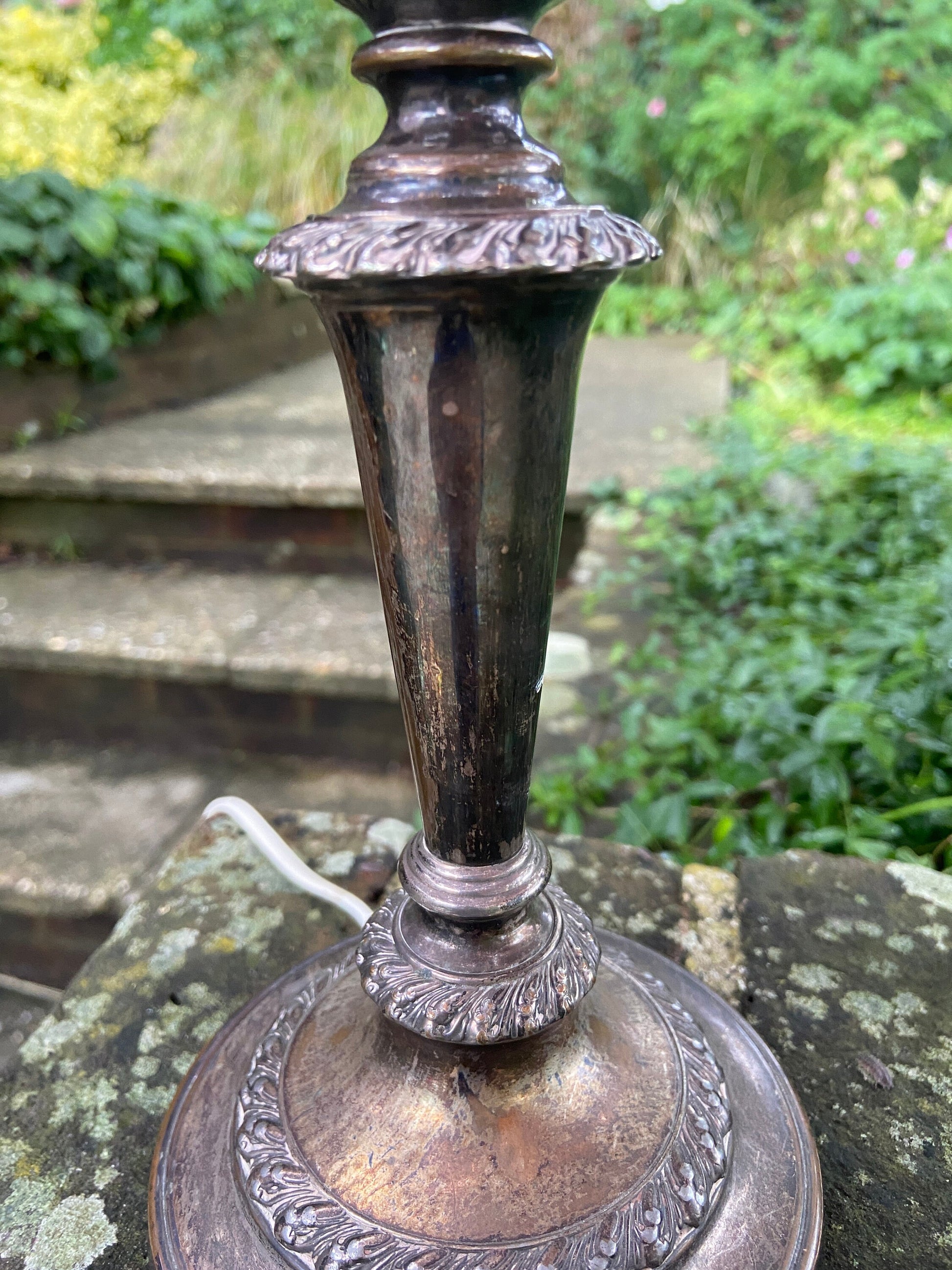 Vintage silver plate table lamp - silver and ornate. Working condition. Candelstick Holder Style.
