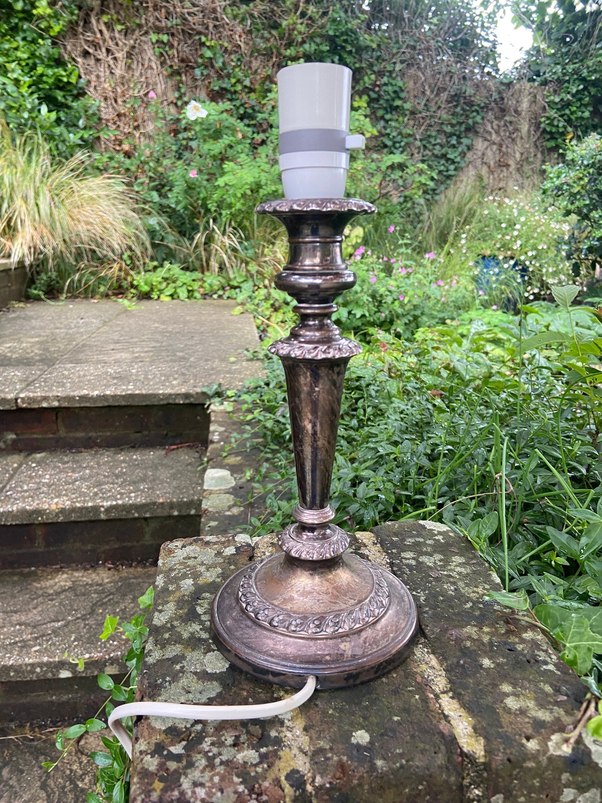 Vintage silver plate table lamp - silver and ornate. Working condition. Candelstick Holder Style.