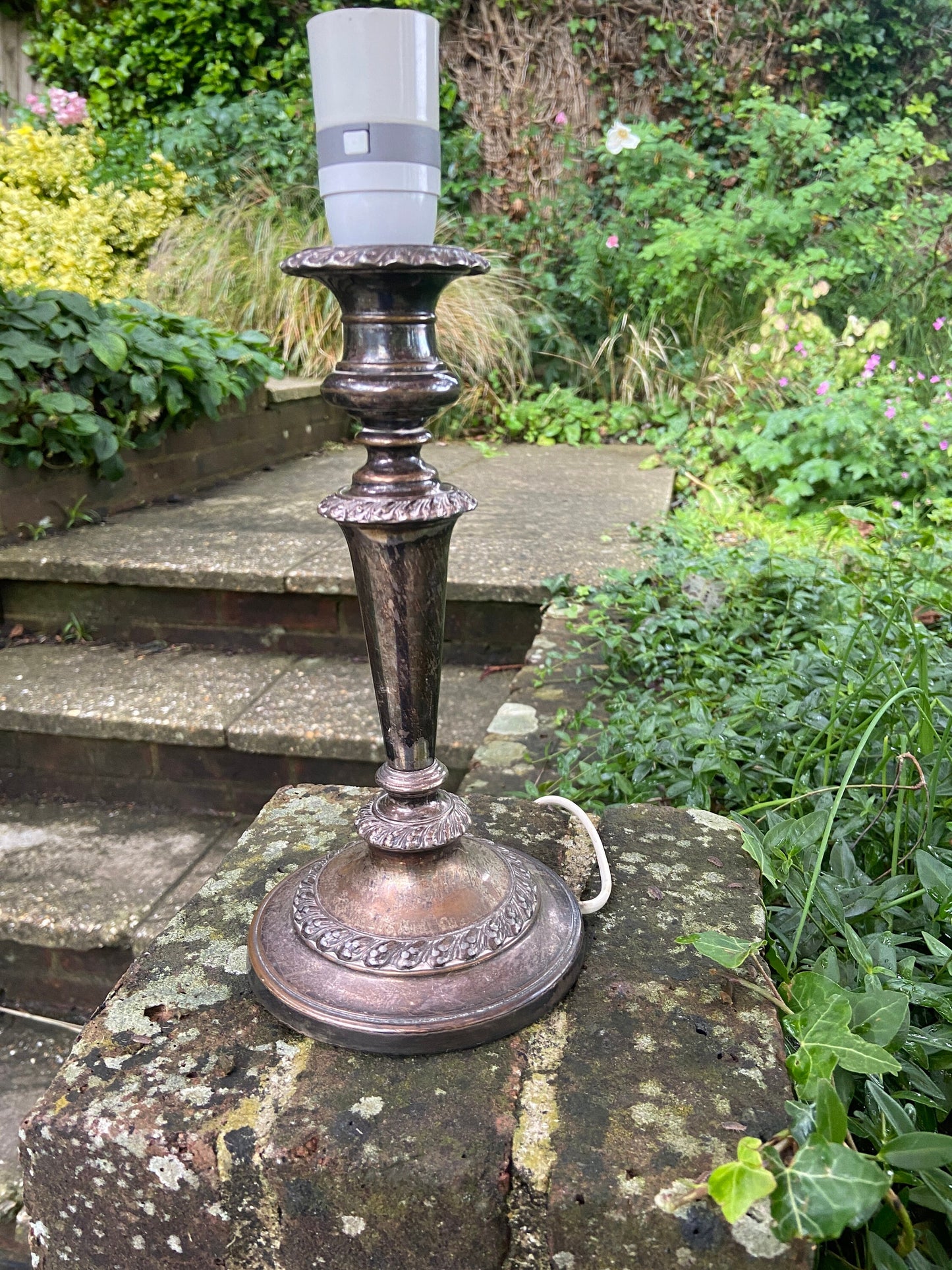Vintage silver plate table lamp - silver and ornate. Working condition. Candelstick Holder Style.