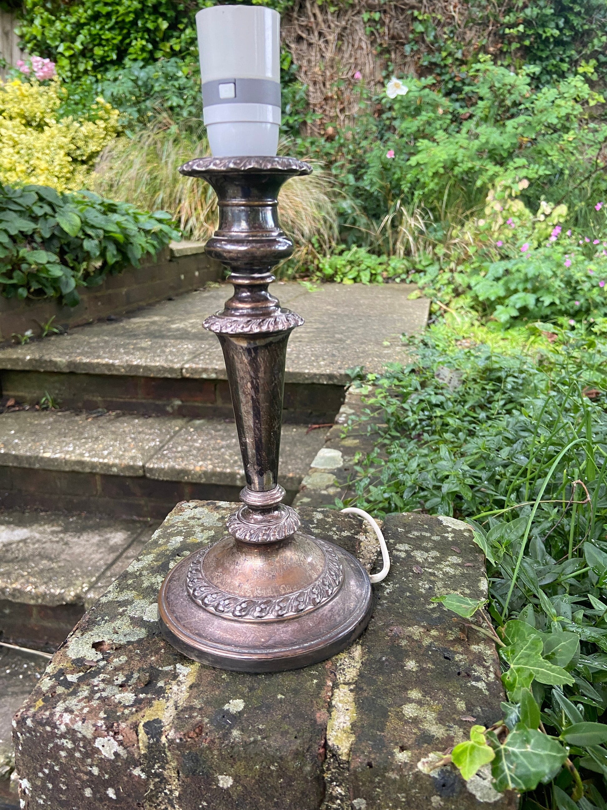 Vintage silver plate table lamp - silver and ornate. Working condition. Candelstick Holder Style.