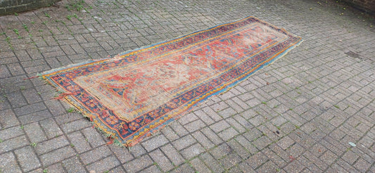 Charming Wool Woollen Bohemian Age Worn Early 20th Century Vintage Rug Runner Beautiful Colours Shabby Chic 404 x 113 cm
