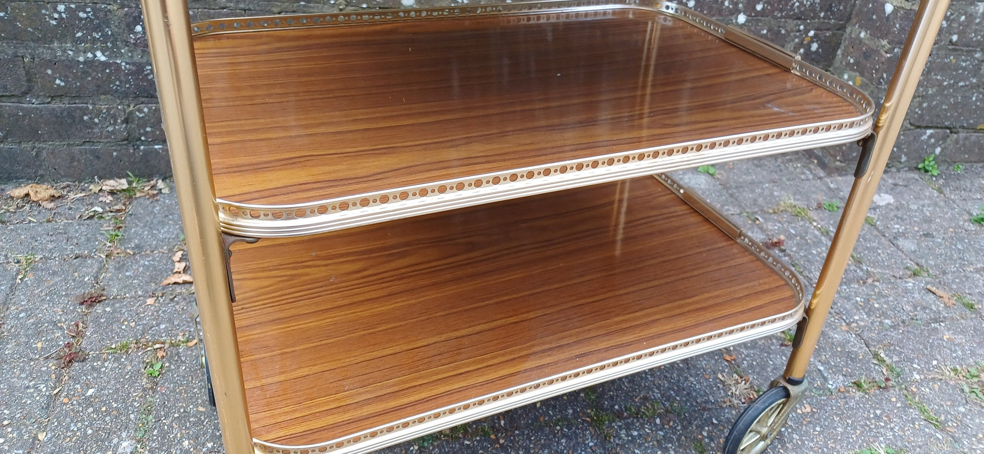 Vintage Retro 70s Drinks Dinner Trolley Melamine and Gold Metal. Side Table Media Stand