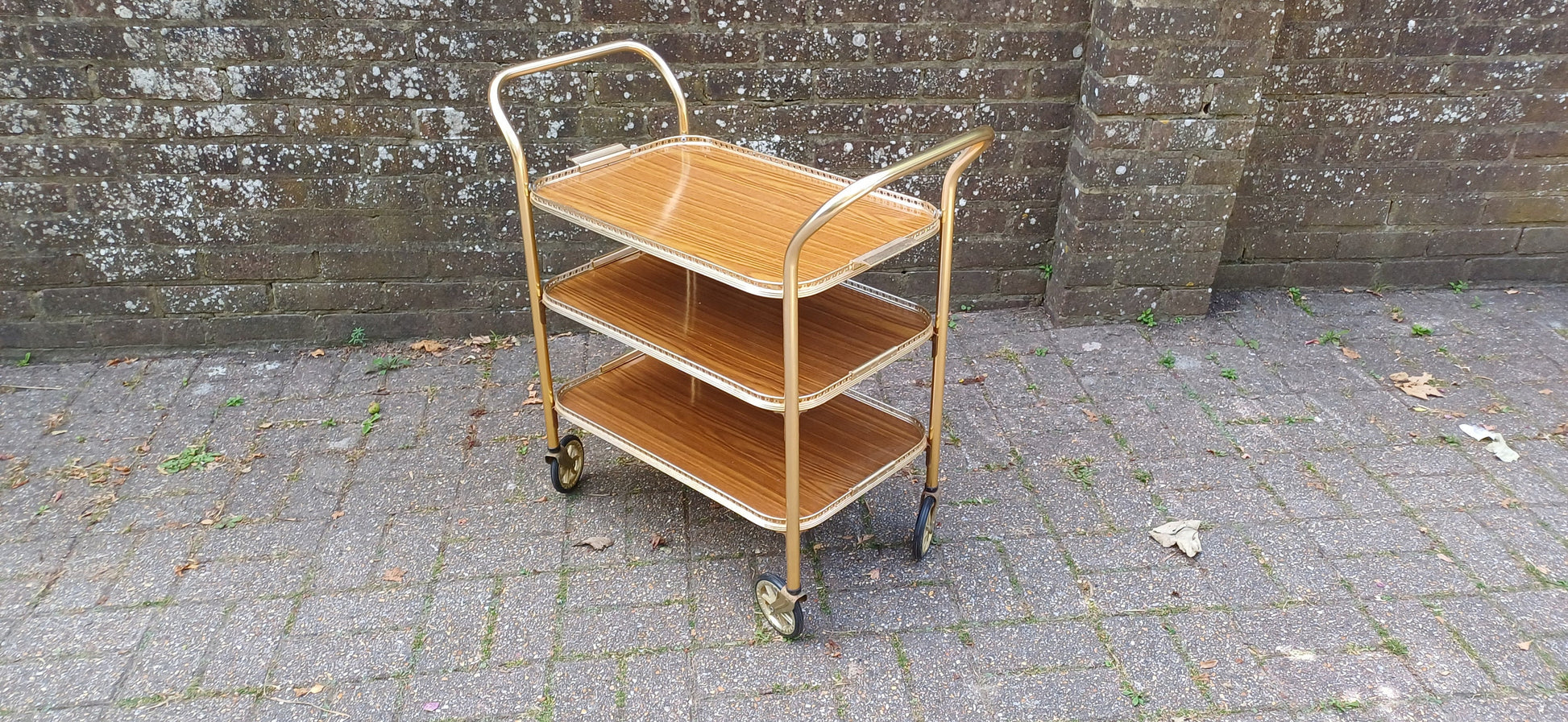 Vintage Retro 70s Drinks Dinner Trolley Melamine and Gold Metal. Side Table Media Stand