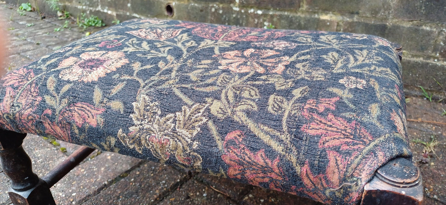 Vintage Early 20th Century Solid Oak Upholstered Stool Footstool