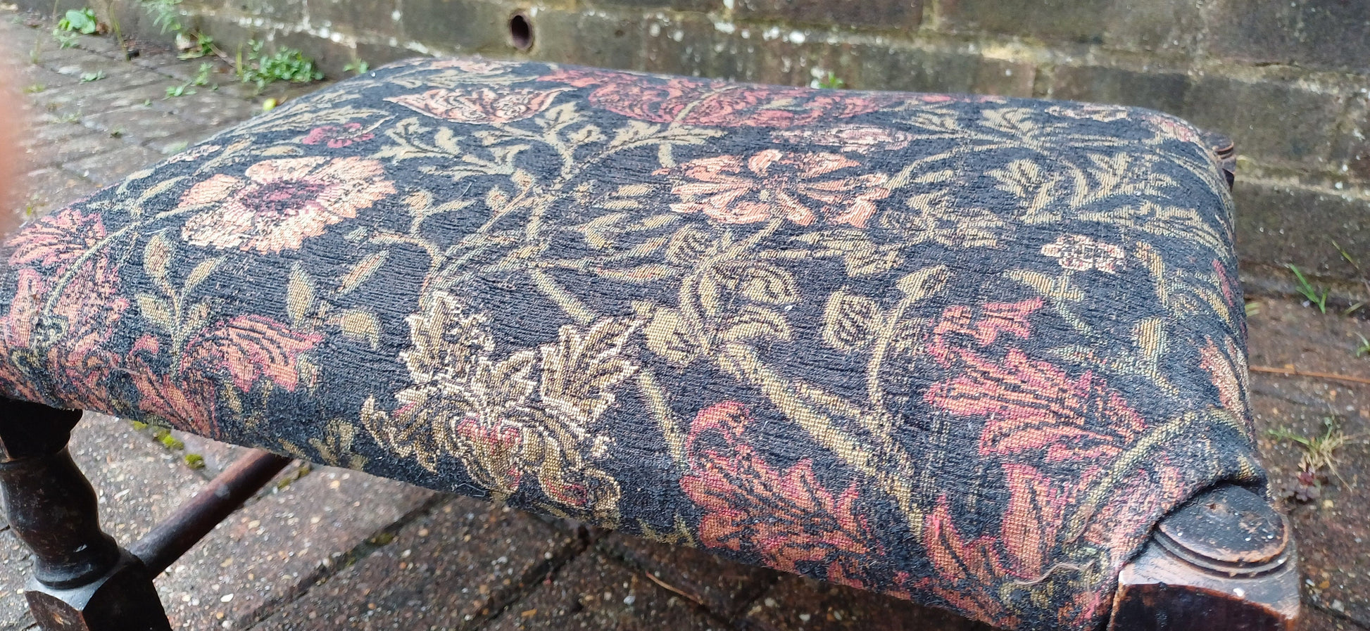 Vintage Early 20th Century Solid Oak Upholstered Stool Footstool