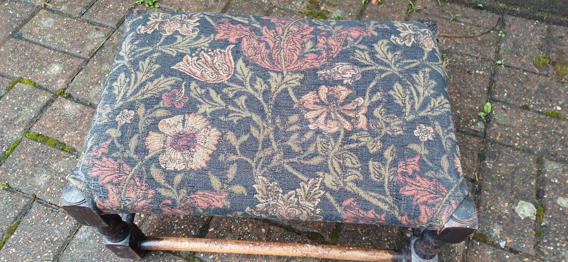 Vintage Early 20th Century Solid Oak Upholstered Stool Footstool