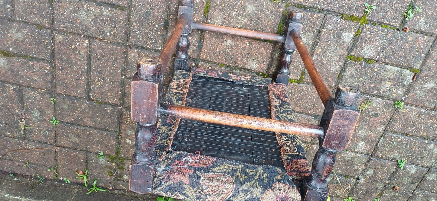 Vintage Early 20th Century Solid Oak Upholstered Stool Footstool