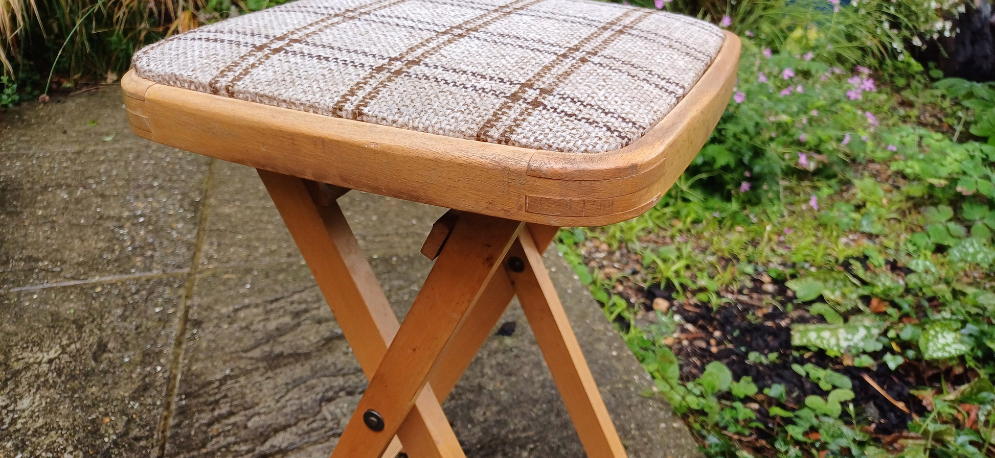 Vintage 80s Folding Upholstered and Cushioned Stool