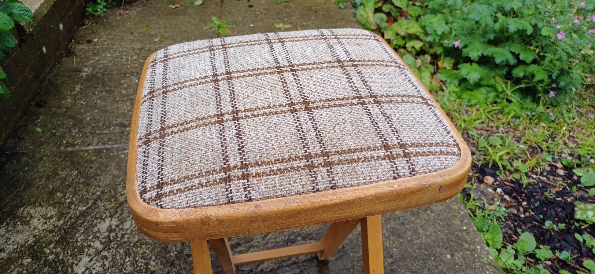 Vintage 80s Folding Upholstered and Cushioned Stool