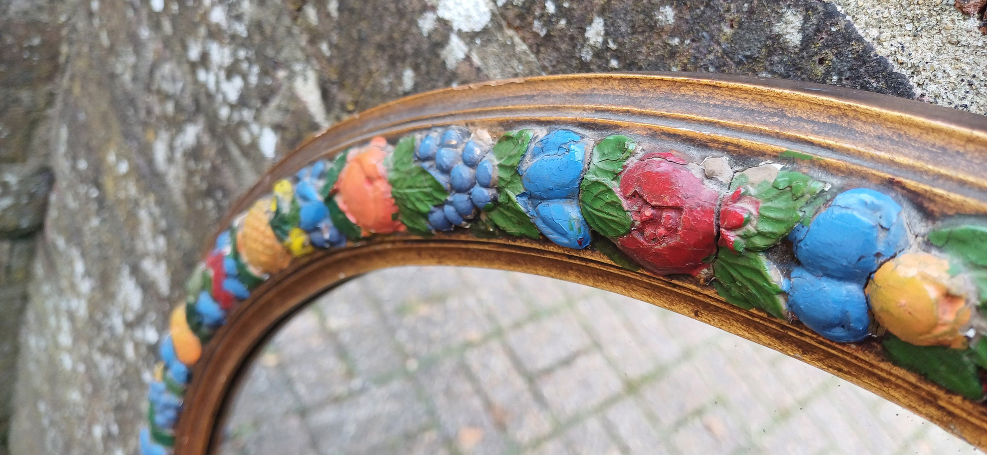 Huge Gold and Painted Vintage Victorian Round Wall Mirror.