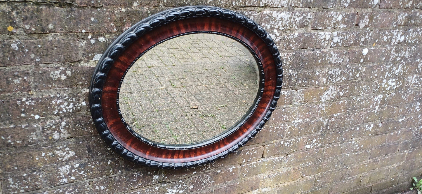 Vintage Early 20th Century Chunky Oval Decorative Mirror Black and Maroon Hues