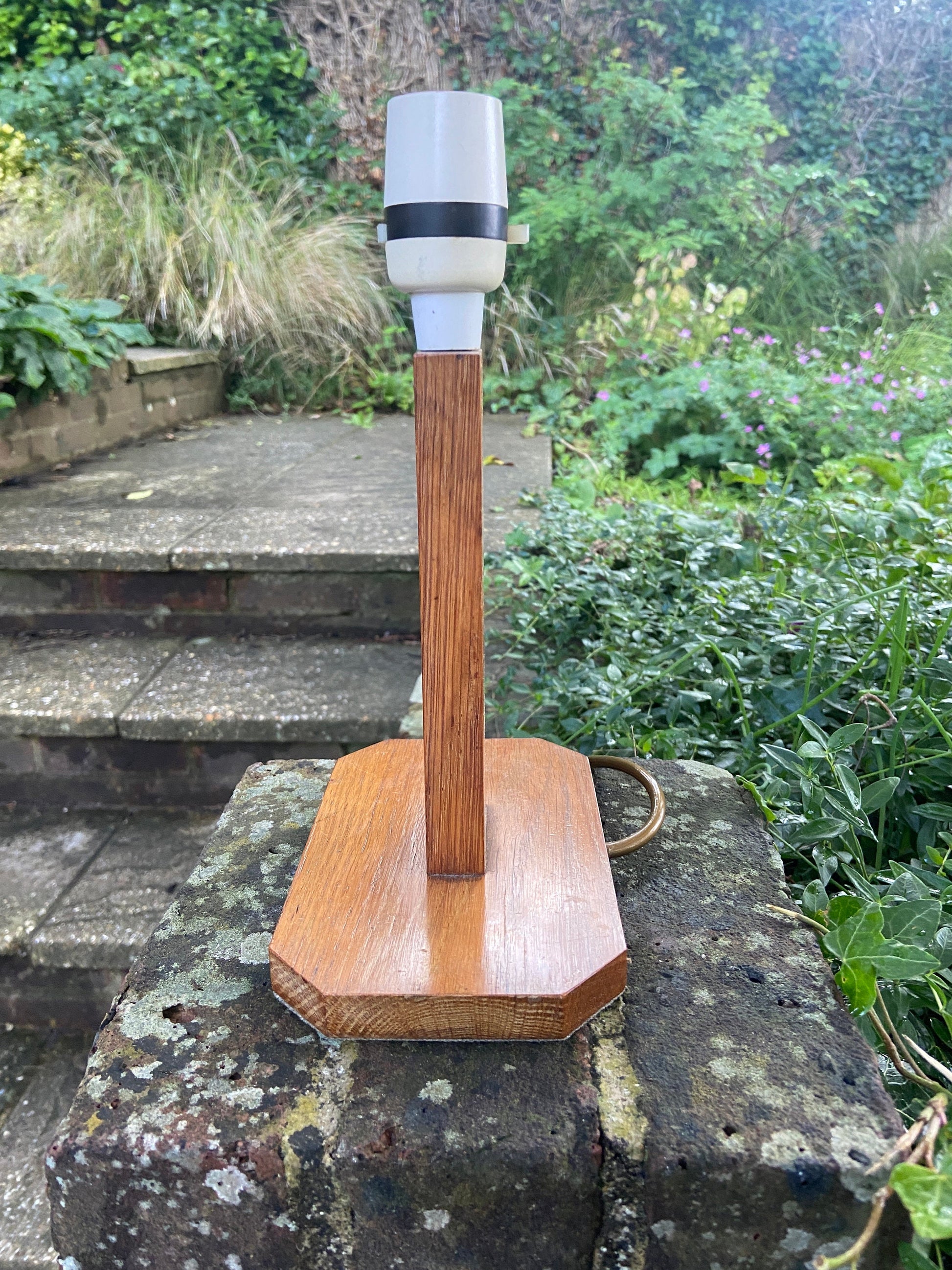Mid century vintage wooden table lamp - handmade - geometric design, oak, very long flex