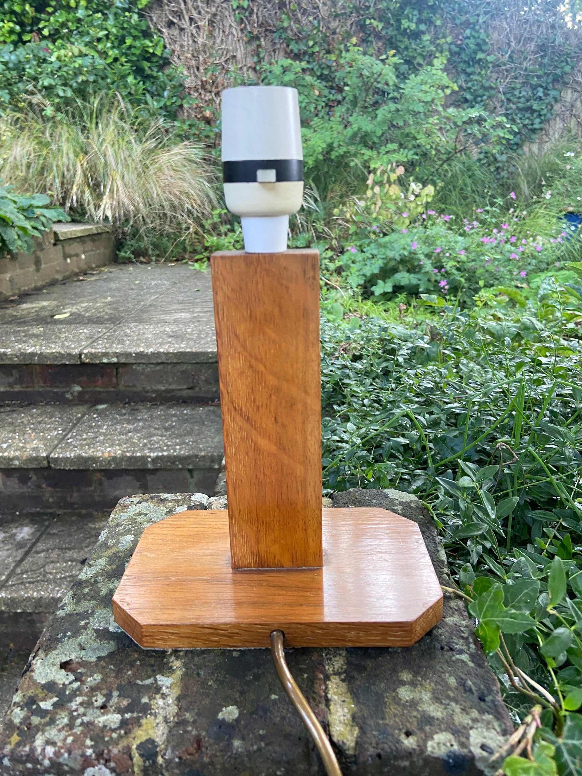 Mid century vintage wooden table lamp - handmade - geometric design, oak, very long flex