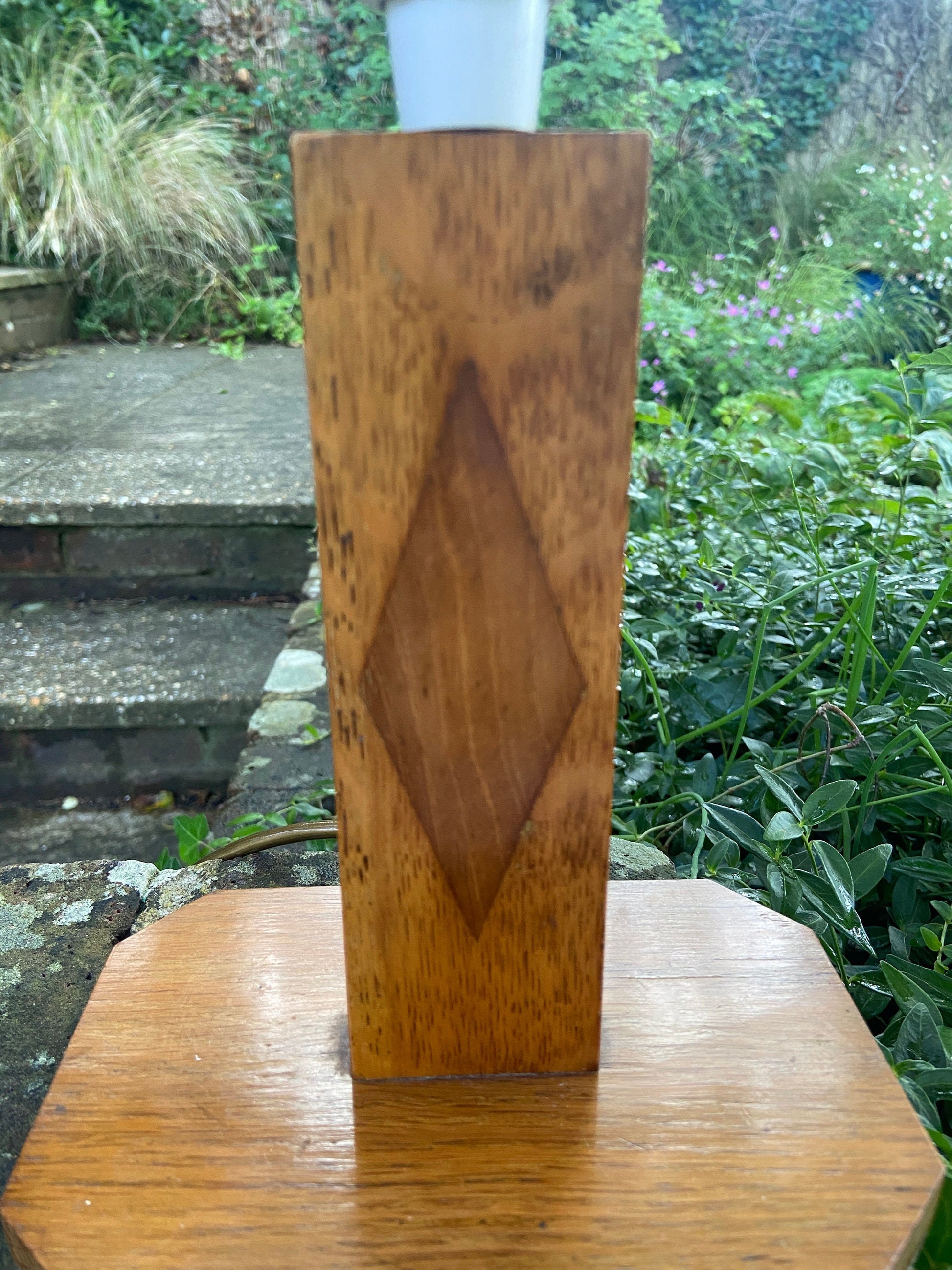 Mid century vintage wooden table lamp - handmade - geometric design, oak, very long flex