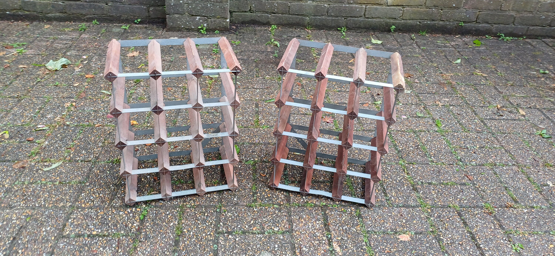 Pair of Zinc and Pine Vintage 70s Wine Racks Bottle Storage.
