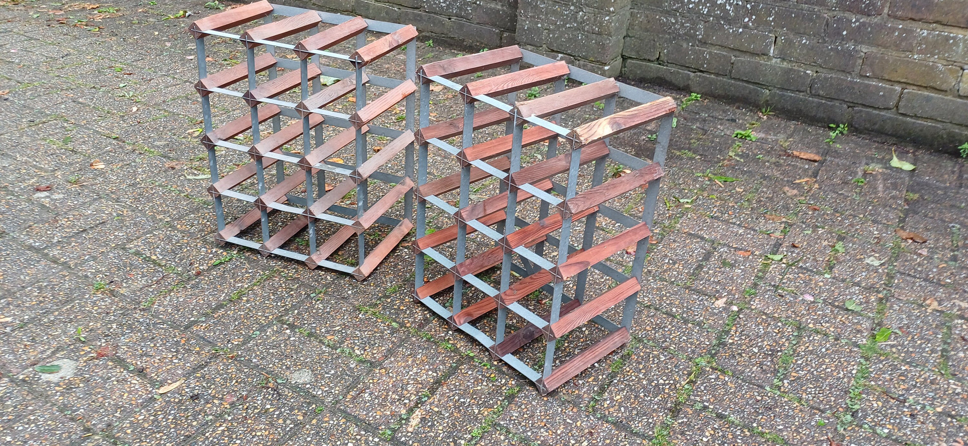 Pair of Zinc and Pine Vintage 70s Wine Racks Bottle Storage.