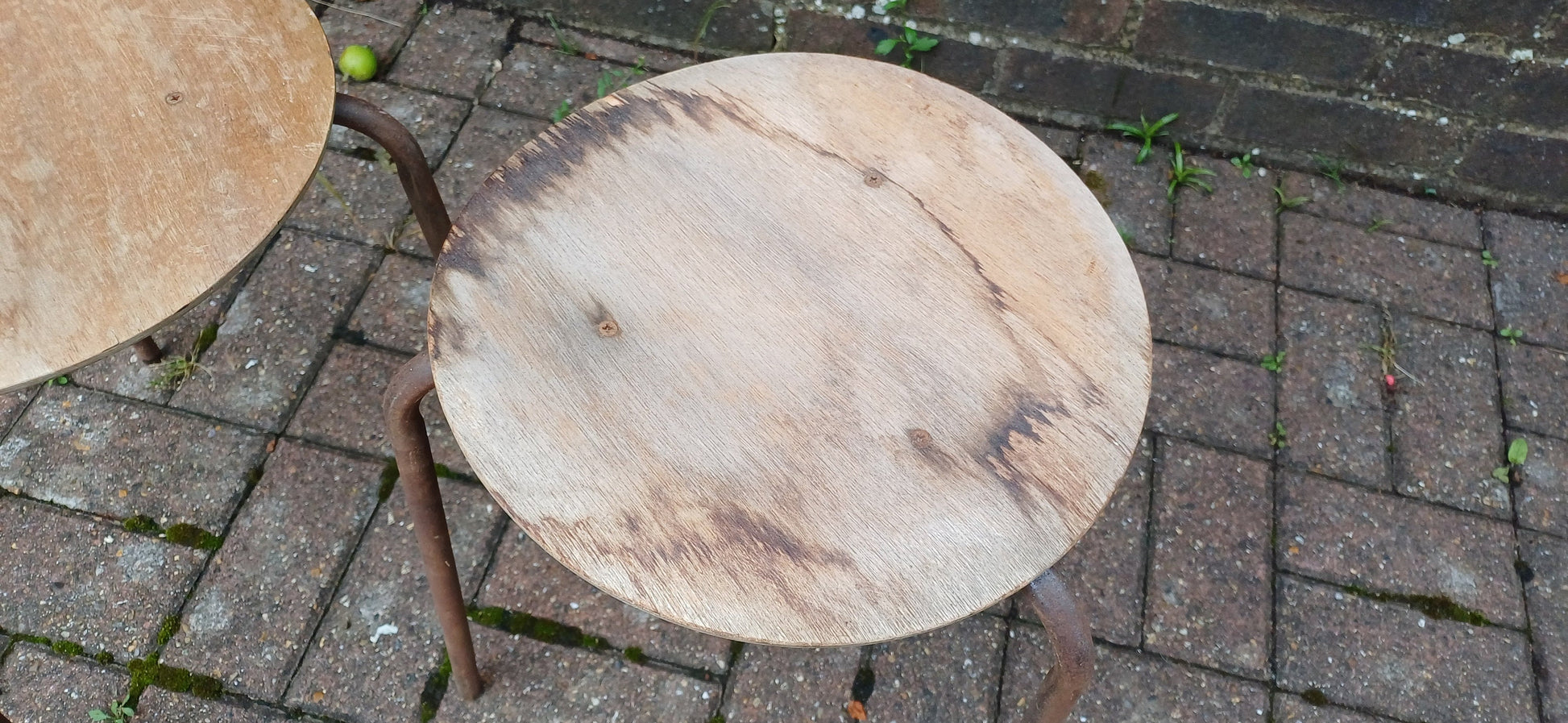 Delightful Pair of Age Worn Metal and Wooden Stools Plant Stands Wine Table Bedside Tables