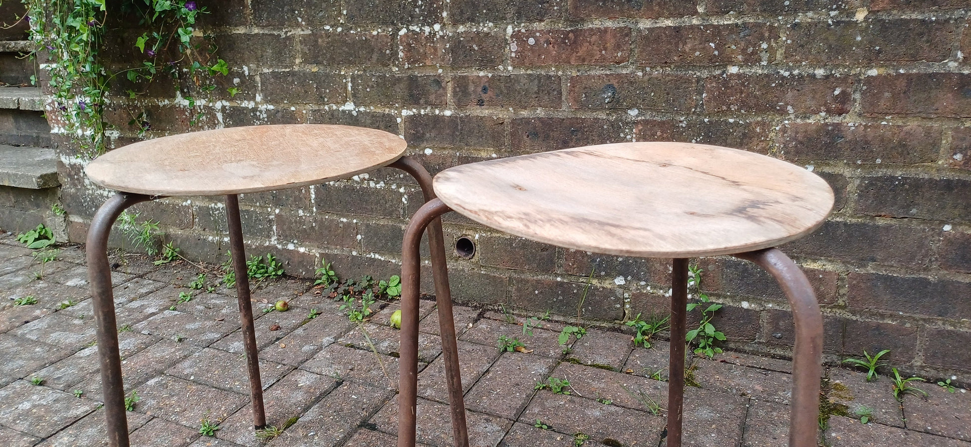 Delightful Pair of Age Worn Metal and Wooden Stools Plant Stands Wine Table Bedside Tables