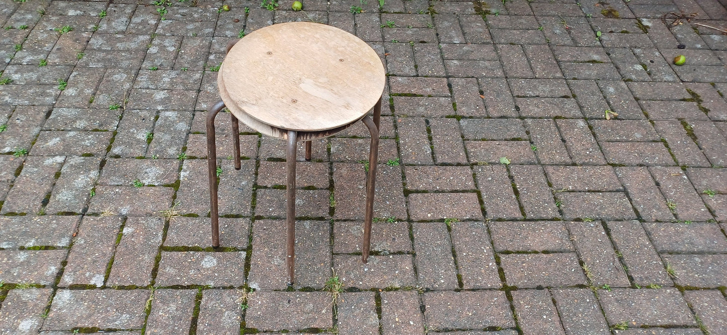 Delightful Pair of Age Worn Metal and Wooden Stools Plant Stands Wine Table Bedside Tables