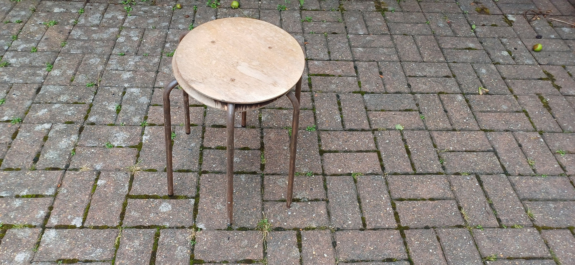 Delightful Pair of Age Worn Metal and Wooden Stools Plant Stands Wine Table Bedside Tables