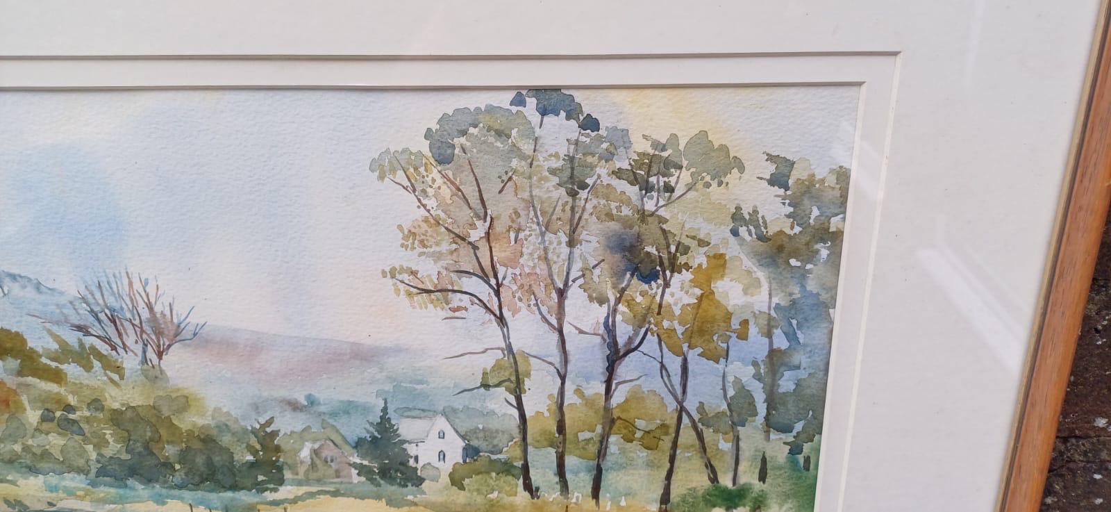 Vintage watercolour of Litlington by Patricia Griggs, Sussex artist. Vintage glazed frame. Likely 1990s. South Downs Cuckmere river