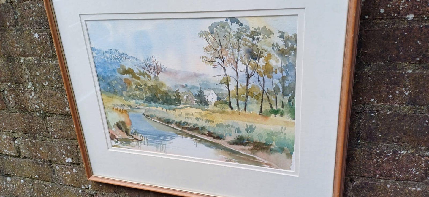 Vintage watercolour of Litlington by Patricia Griggs, Sussex artist. Vintage glazed frame. Likely 1990s. South Downs Cuckmere river