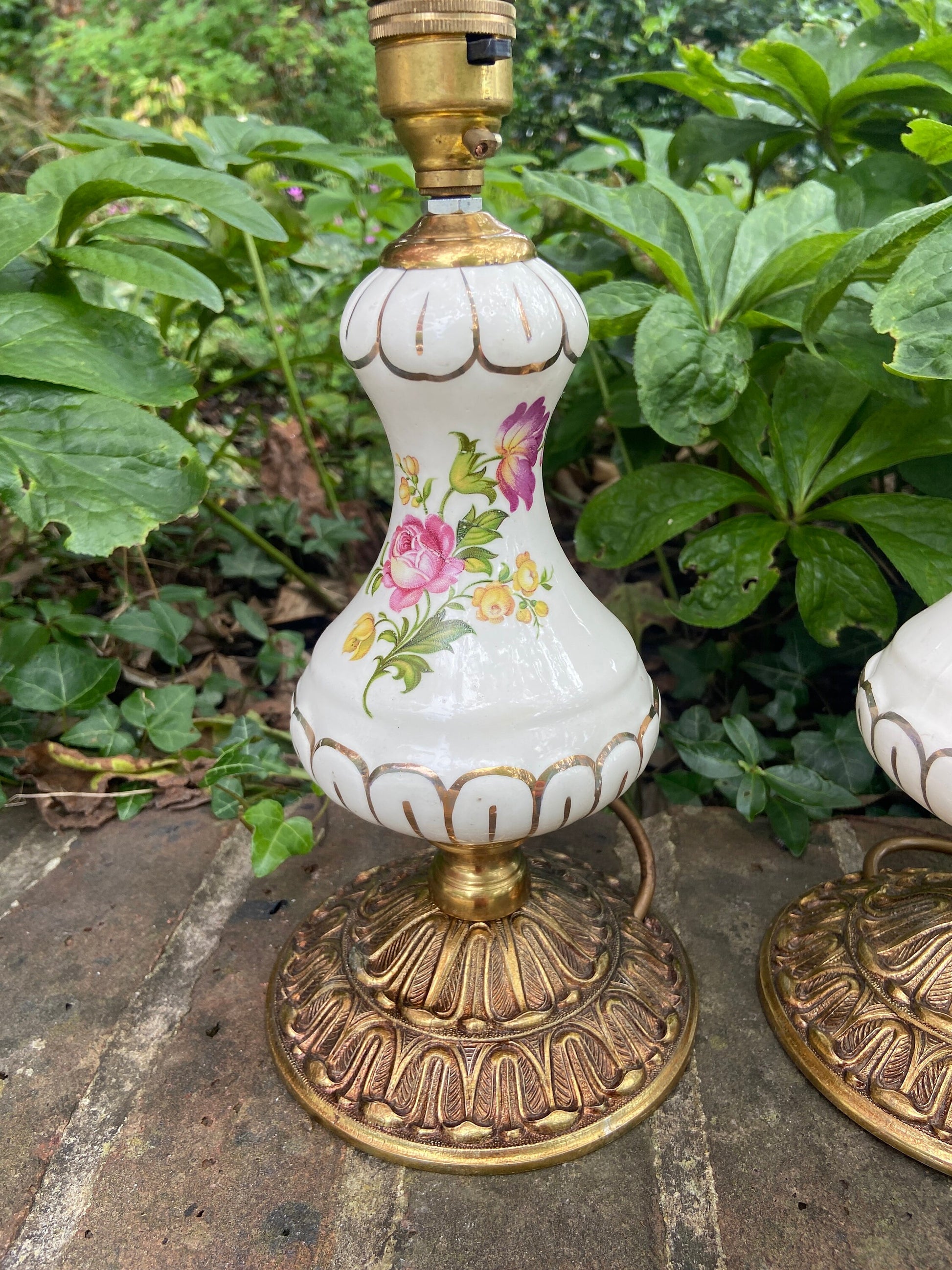 1970s vintage table lamps made out of porcelain and metal - a matching pair, need wiring