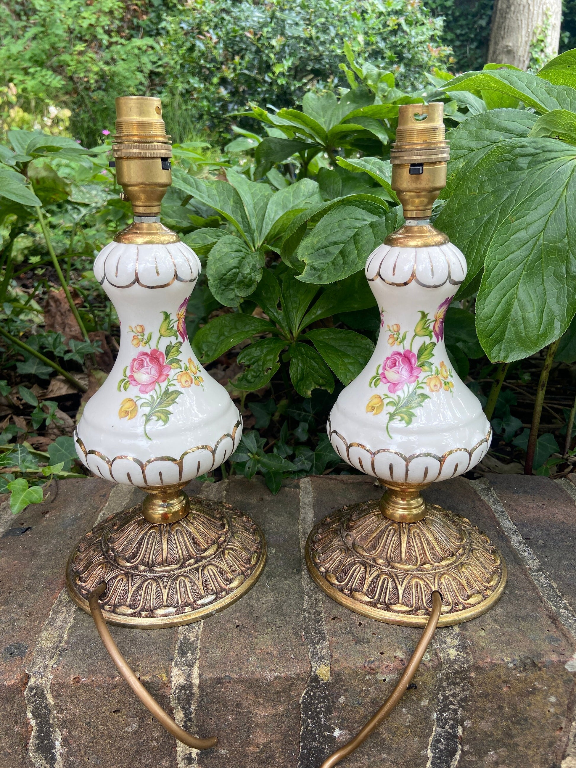 1970s vintage table lamps made out of porcelain and metal - a matching pair, need wiring