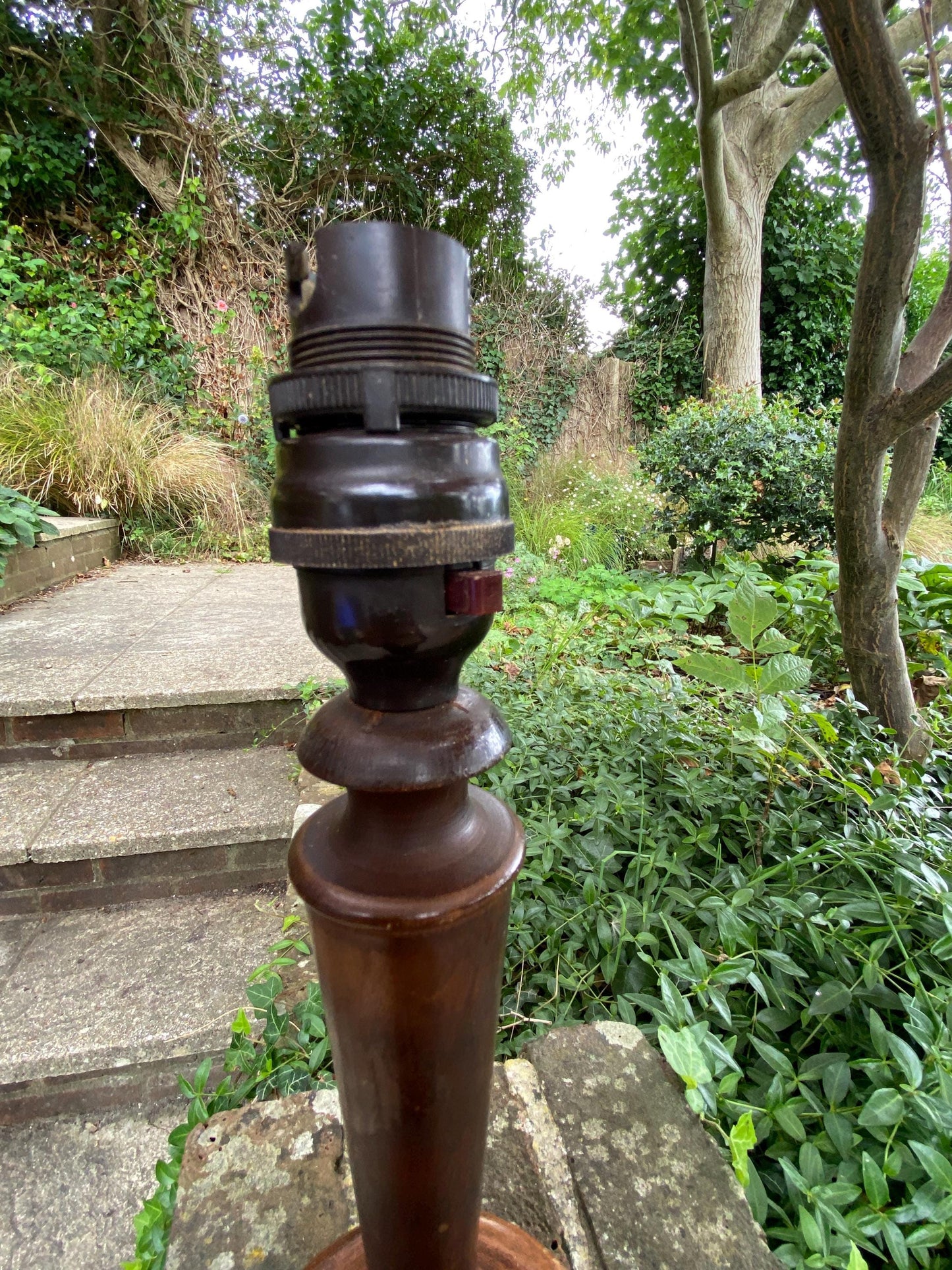 1920s BAKELITE and wooden vintage candlestick lamp, original wiring in burgundy & bakelilte lightbulb fitment - original vintage table lamp
