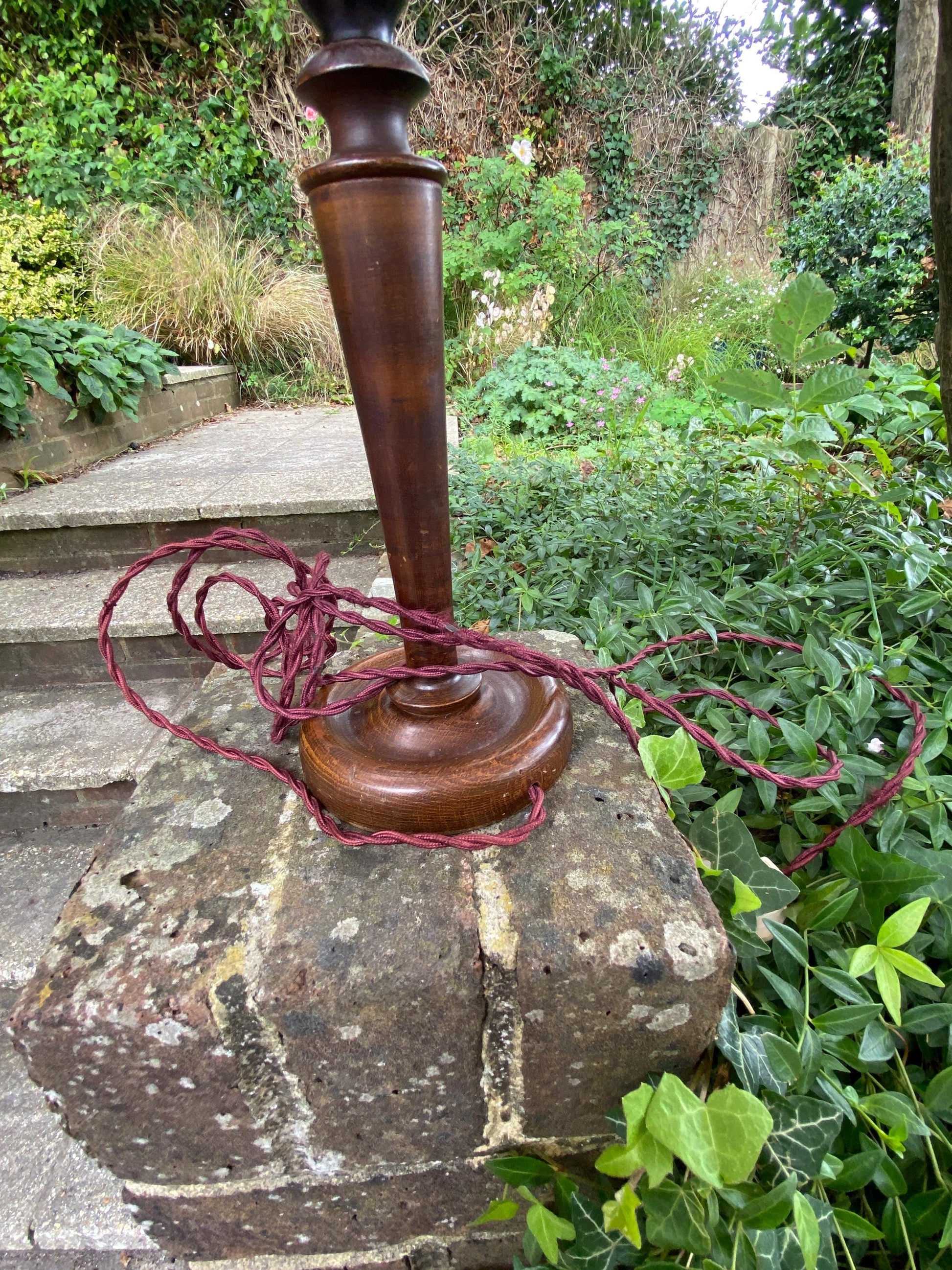 1920s BAKELITE and wooden vintage candlestick lamp, original wiring in burgundy & bakelilte lightbulb fitment - original vintage table lamp
