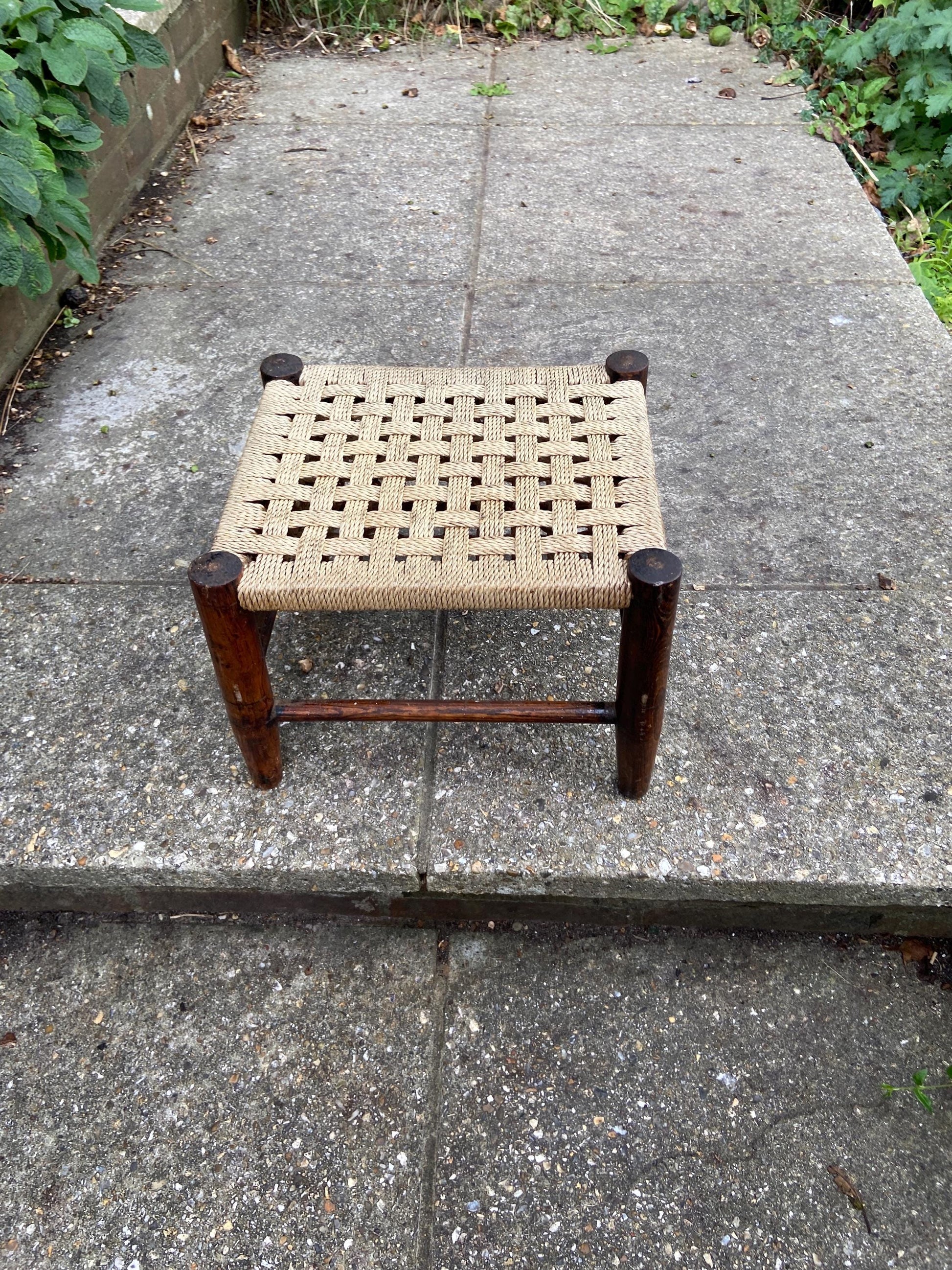 Child's vintage string woven antique wooden stool - dark wood frame with woven string hatched seat - child's stool, foot stool, plant stand