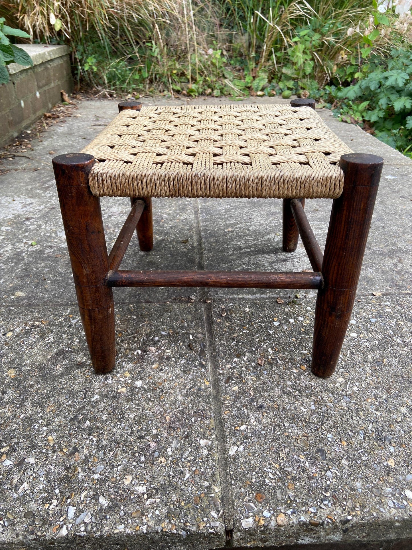 Child's vintage string woven antique wooden stool - dark wood frame with woven string hatched seat - child's stool, foot stool, plant stand