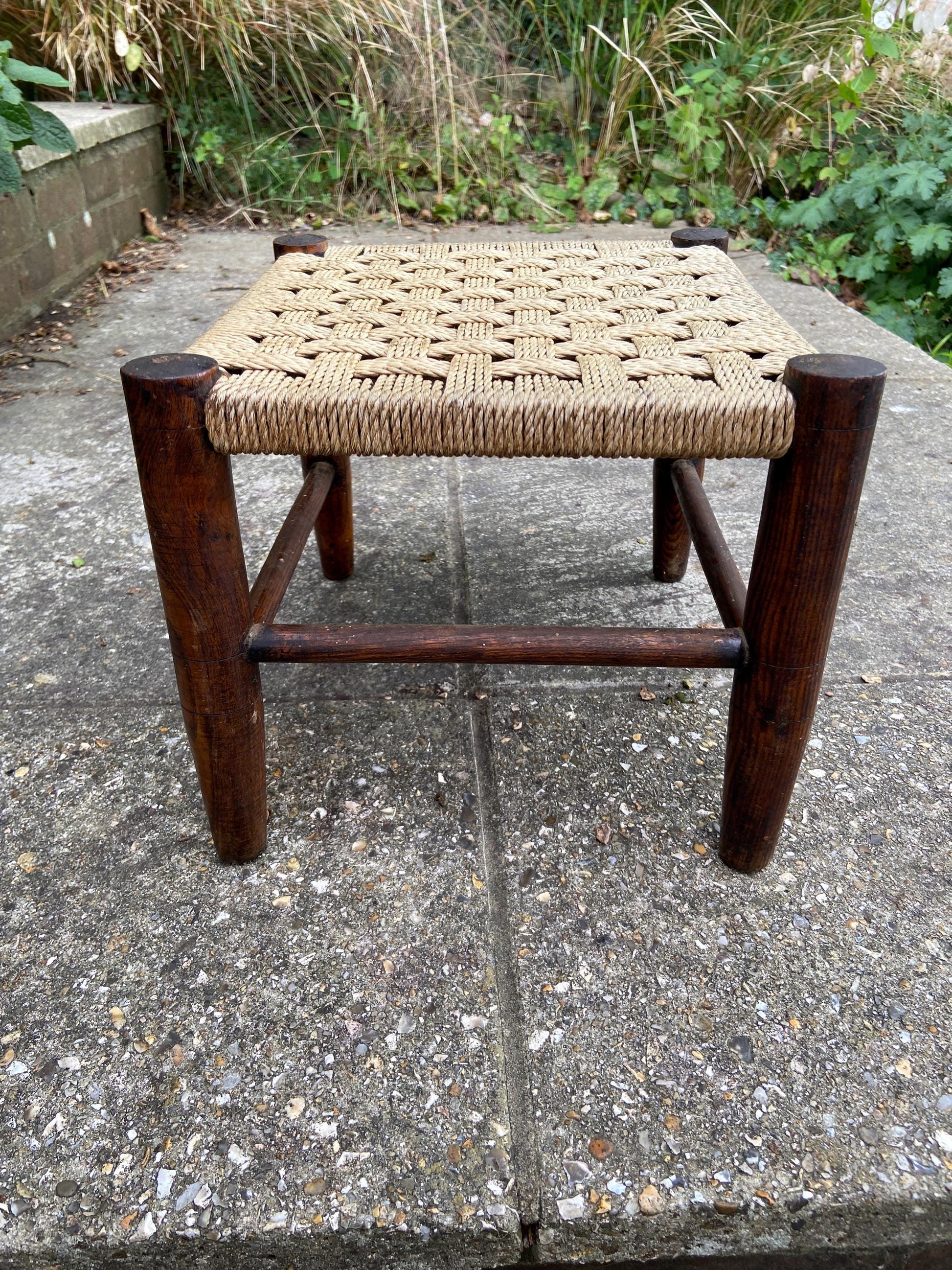 Child's vintage string woven antique wooden stool - dark wood frame with woven string hatched seat - child's stool, foot stool, plant stand