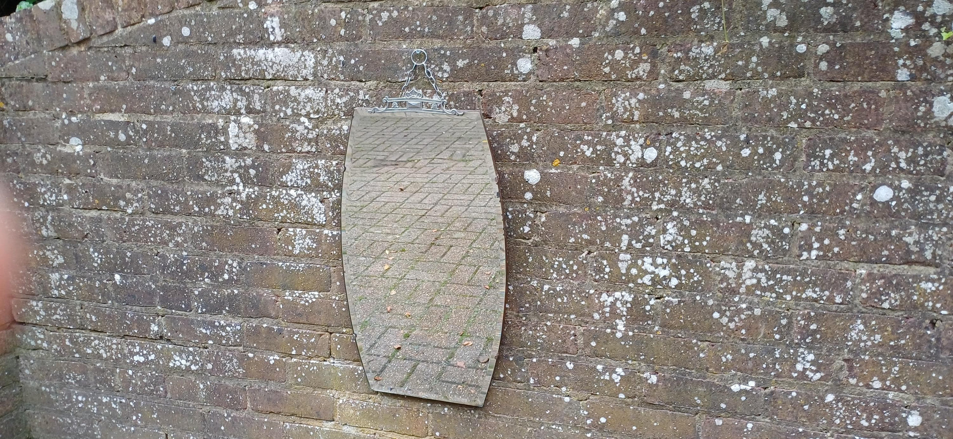 Tall Vintage Retro Art Deco Frameless Shaped Decorative Wall Mirror. Chrome Motif Decoration.