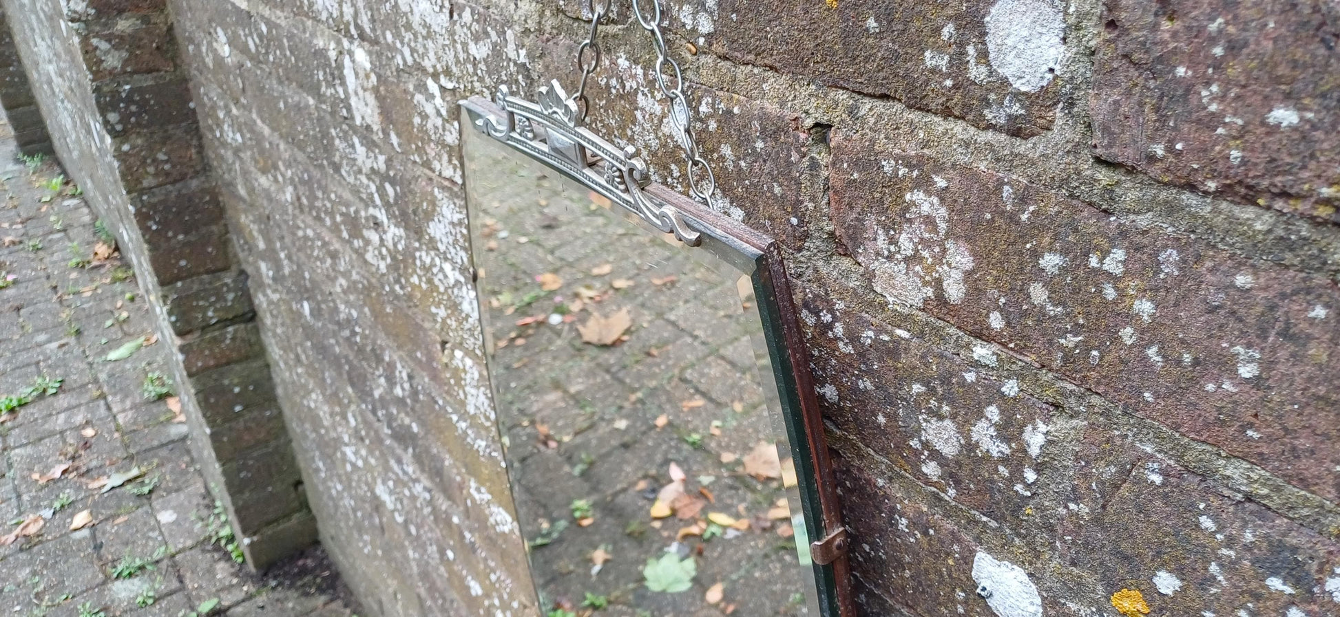 Tall Vintage Retro Art Deco Frameless Shaped Decorative Wall Mirror. Chrome Motif Decoration.