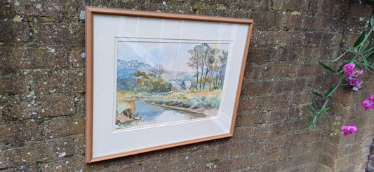 original art, watercolour, by Patricia Griggs. Sussex, Litlington landscape scene. Village scene. In vintage frame. Likely from 1990s.