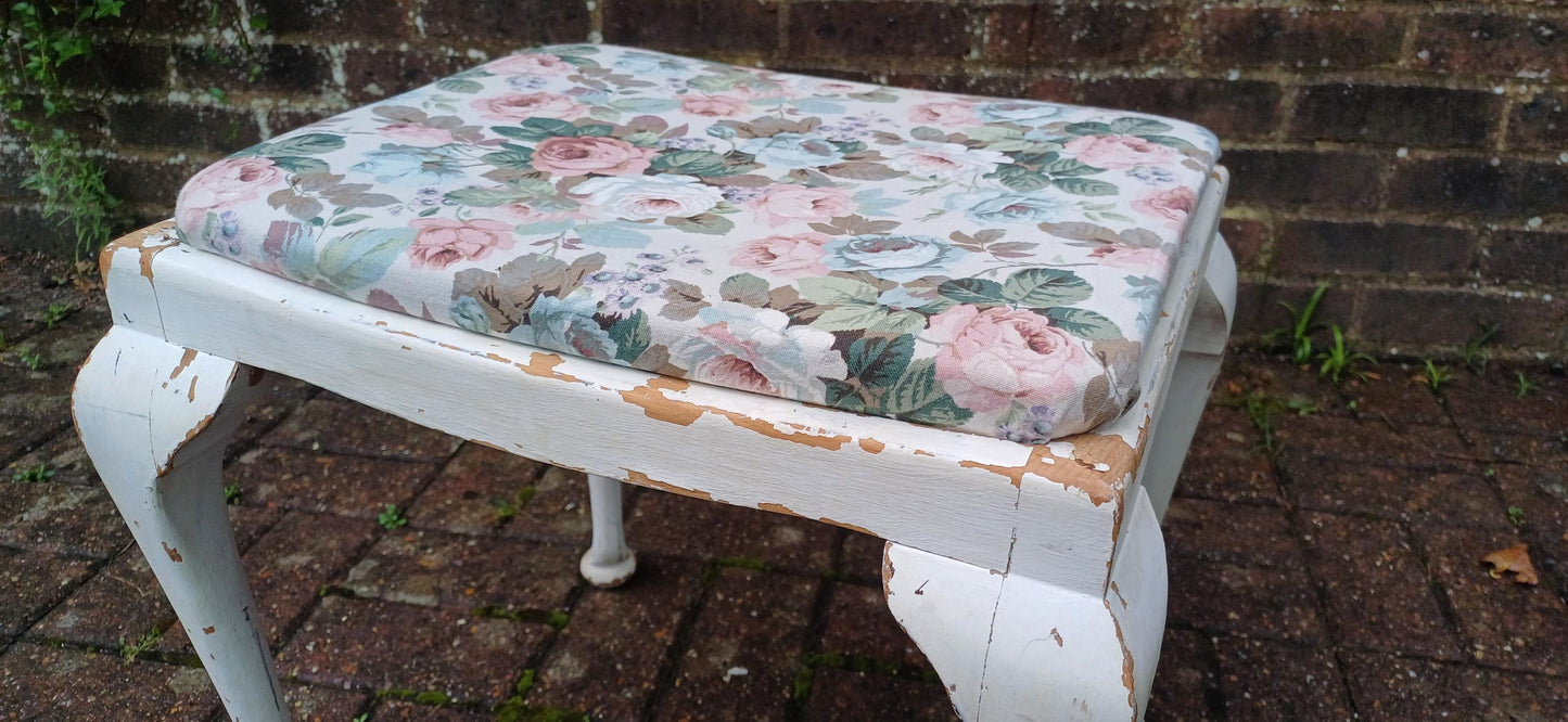 Vintage Retro Painted Shabby Chic Upholstered Stool Lift Out Seat White Flower Floral
