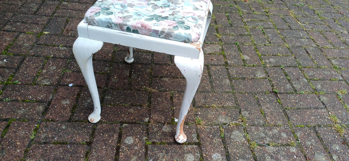 Vintage Retro Painted Shabby Chic Upholstered Stool Lift Out Seat White Flower Floral