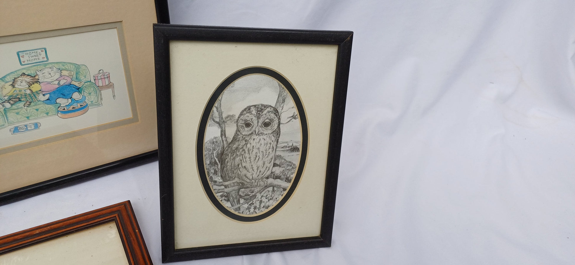 Three Pairs Collection of Vintage Pictures Picture Frames Framing Glazed with Boarded Backings Frame Artist.Teddies Owl Donkey and Cats.