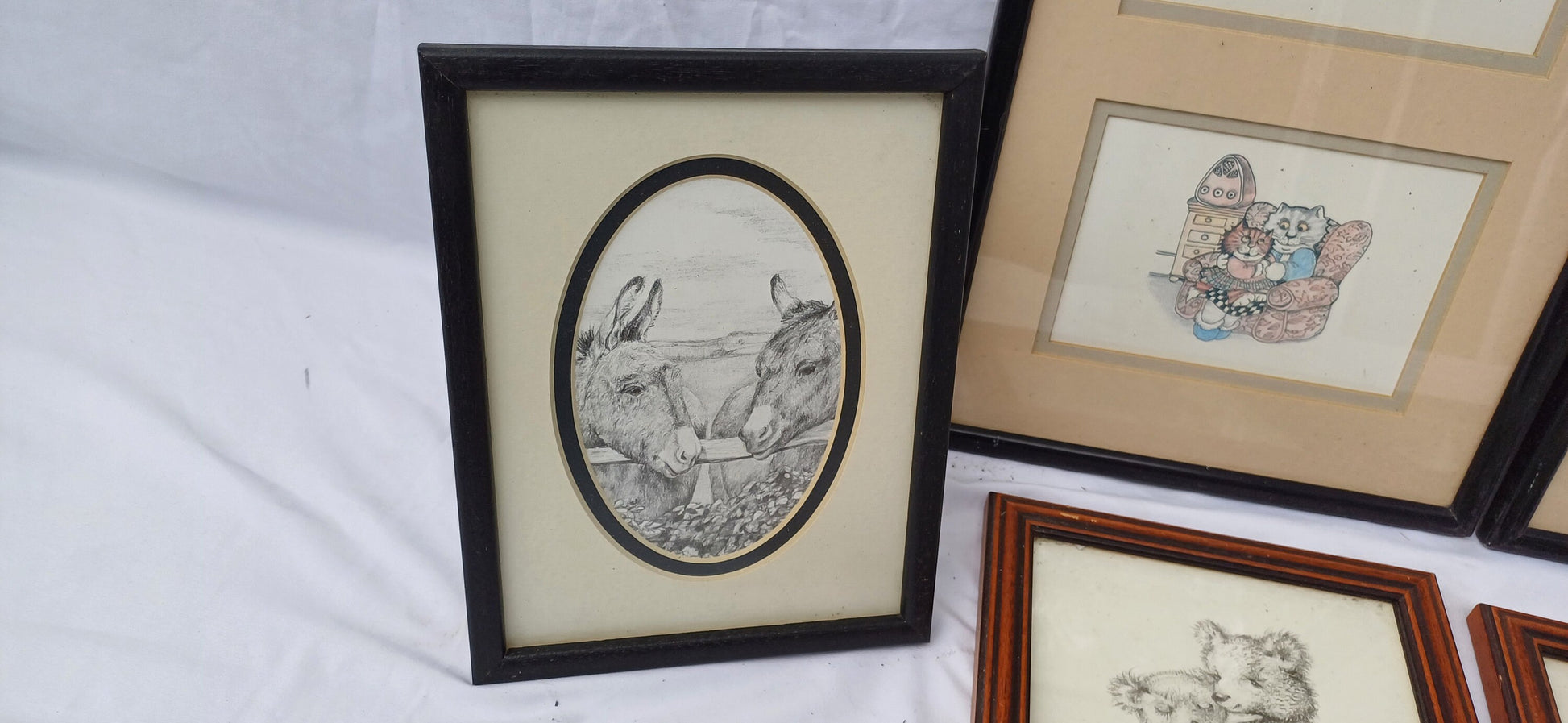Three Pairs Collection of Vintage Pictures Picture Frames Framing Glazed with Boarded Backings Frame Artist.Teddies Owl Donkey and Cats.