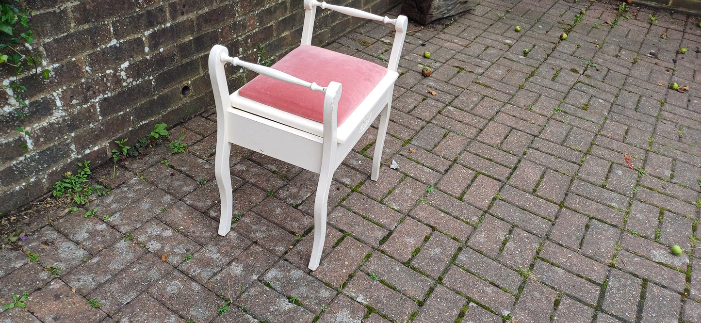 Vintage Painted White and Pink Upholstered Piano or Dressing Table Stool