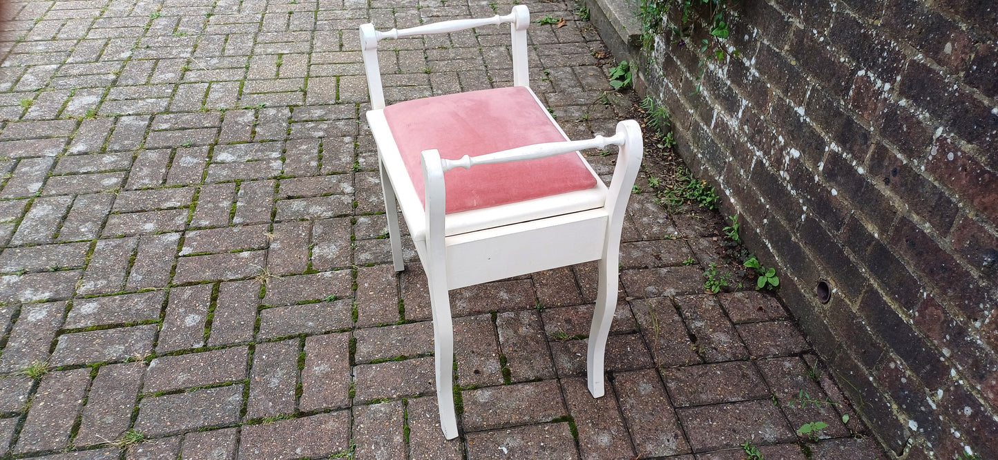 Vintage Painted White and Pink Upholstered Piano or Dressing Table Stool