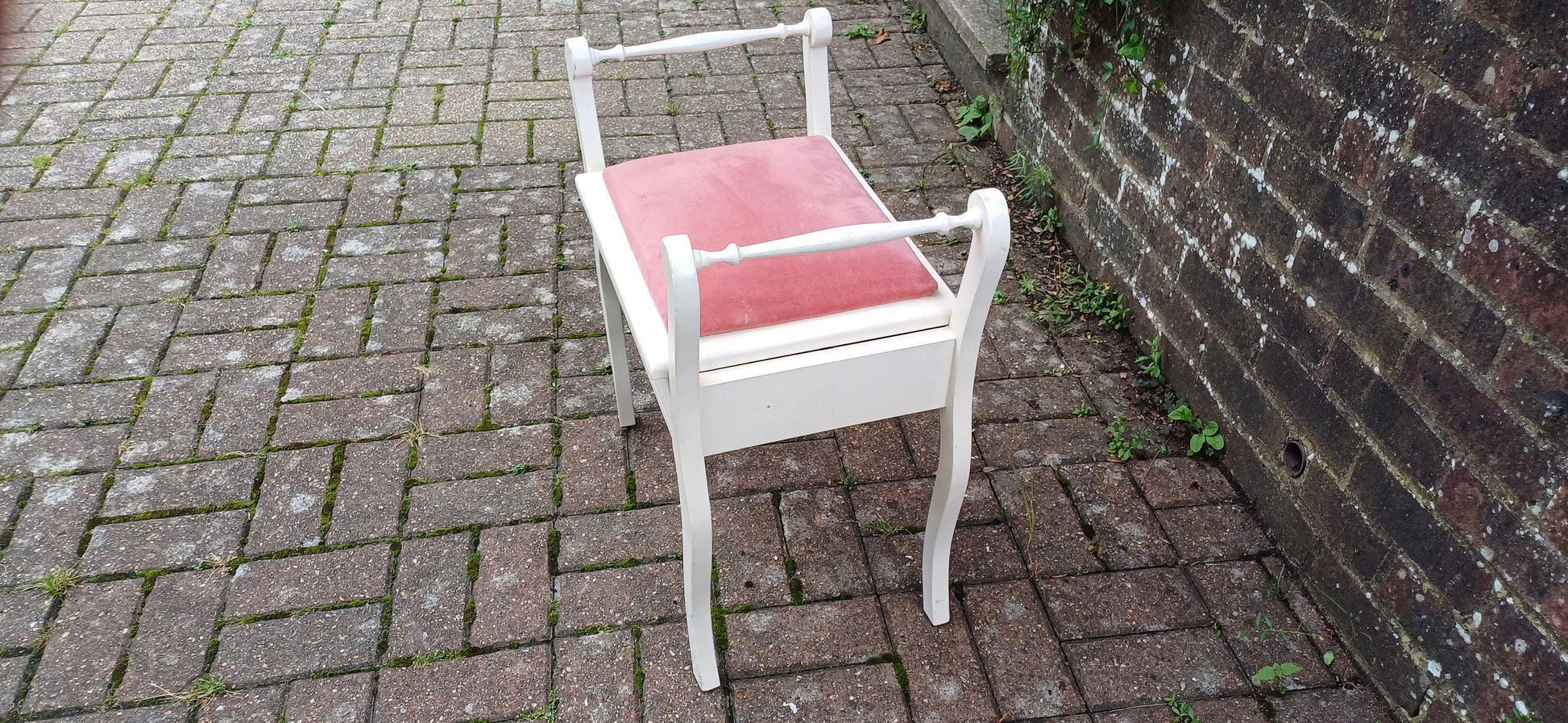 Vintage Painted White and Pink Upholstered Piano or Dressing Table Stool