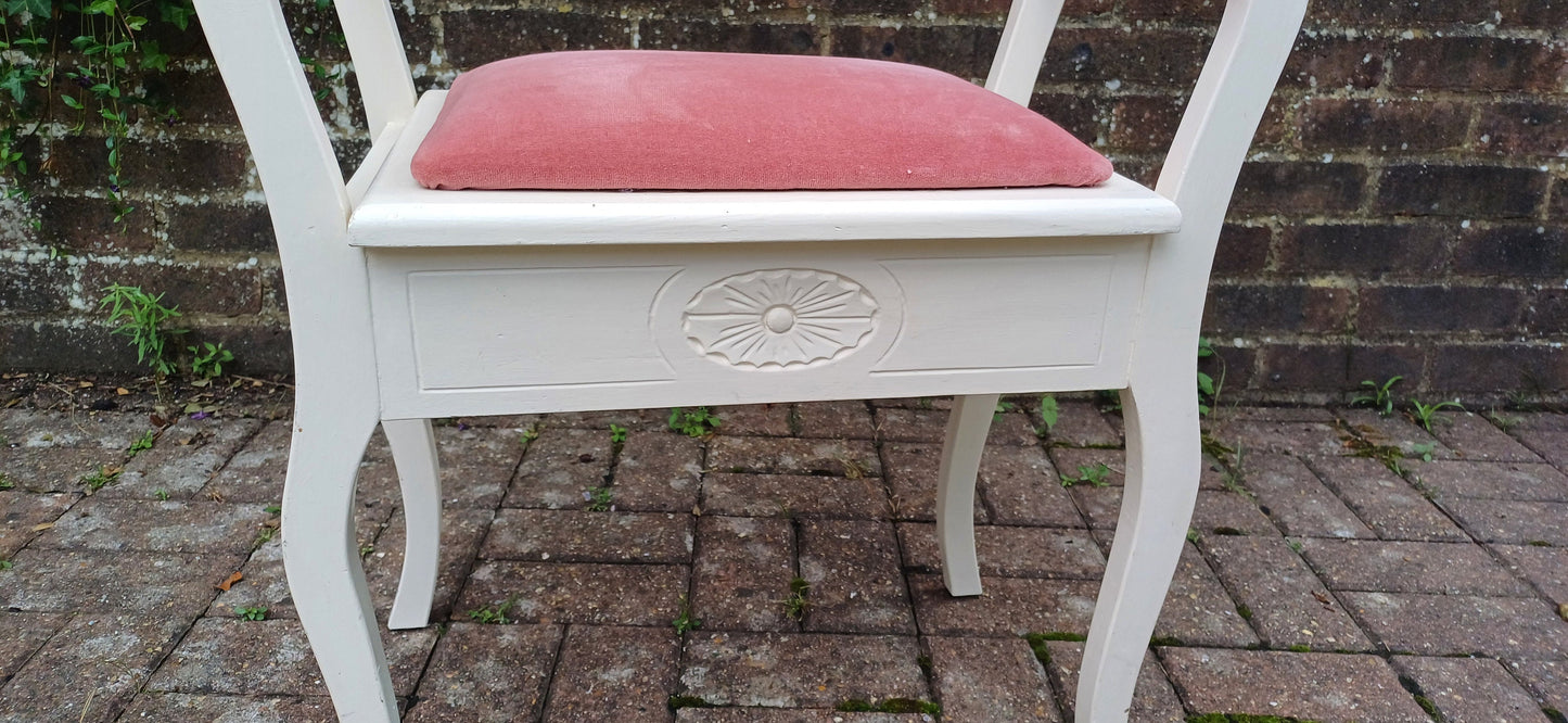 Vintage Painted White and Pink Upholstered Piano or Dressing Table Stool